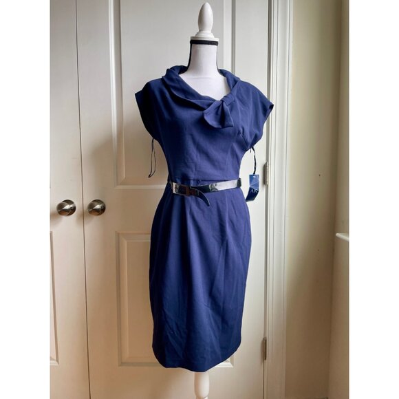 Anne Klein Navy Draped Collar Sheath Dress - Size 6 - Picture 1 of 9